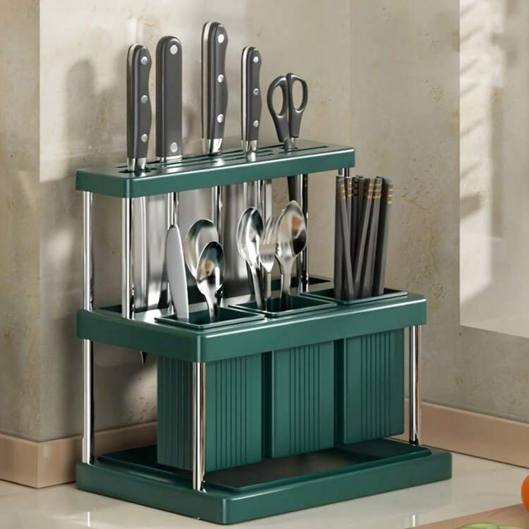 1pc Multifunctional Knife And Fork Storage Rack, Space-Saving Utensil Holder With Removable Drip Tray, Kitchen Sink Countertop Utensil Drainer, Green And White Chopstick Holder Organizer, Suitable For Kitchen And Bathroom, Plastic - Multicolor - View 16