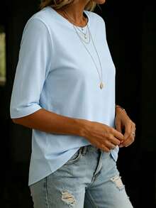 Women's Basic Short Sleeve Round Neck Knit T-Shirt, Regular Fit Slightly Elastic Top Casual Summer - Royal Blue + Light Pink + Light Blue - View 7