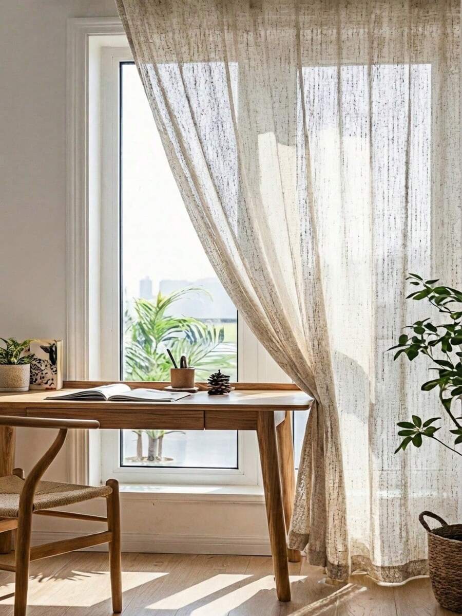 Haus Hana 1 件亚麻现代亚麻纱窗帘 - 日式亚麻风格,杆袋设计,适用于客厅和卧室 - 透明轻质滤光窗帘,客厅窗帘,卧室窗帘(面料重量 180 克) - 米色 - 查看 1