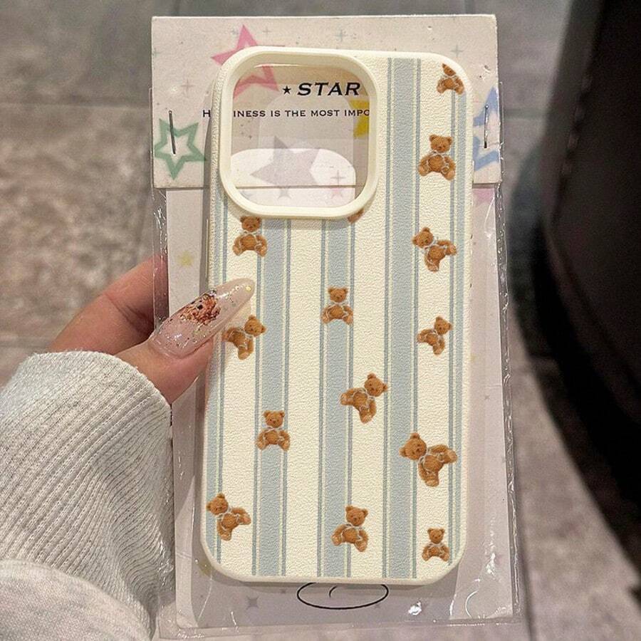 1pc TPU Material Light Blue Striped Blue Ribbon Brown Bear Healing Pattern Phone Case Suitable For IPhone 17 Pro Max/17/16 Pro Max/15/13/12/11/ S20 FE/A15/S24/A55/ Note 11/Note 12/Note 13 Pro Full Coverage Anti-Drop Soft Shell Phone Protective Cover - White - View 1