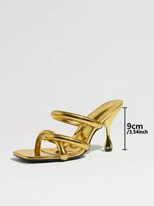 Jin Bei Qi Sandali mule da donna con punta quadrata, cinturini piatti intrecciati e tacco alto, tacchi alti dorati lucidi, adatti per occasioni estive glamour e feste, sandali con tacco alto e punta aperta - Dorato - Visualizzare 3