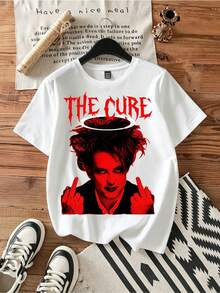 Dark Red Halo The Cure Robert Smith  Portrait Graphic T-Shirt Gothic Metal Font Distressed Punk Rock Print Oversized Unisex Concert Fan S - 白色 - 查看 1