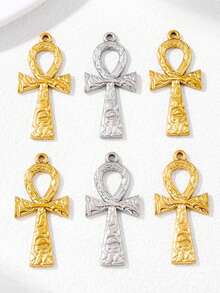 10pcs Stainless Steel Textured Ankh Cross Pendant 18k Vacuum Plated IDY Earrings Bracelet Necklace Jewelry Accessories - Multicolor - View 1
