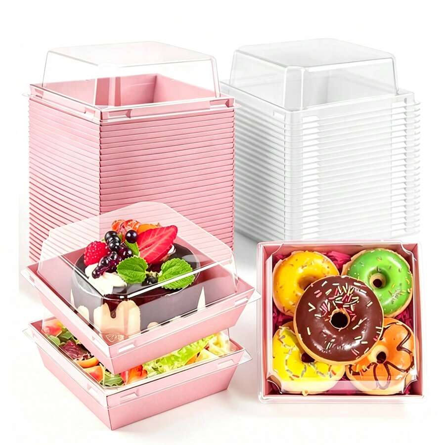 50/100 Piezas Cajas Para Pasteles Con Tapa Transparente, Contenedores Apto Para Alimentos Impermeables Y Herméticos, Embalaje Desechable Para Pan Y Postres, Ideal Para Tartas Macarrones Y Bocadillos