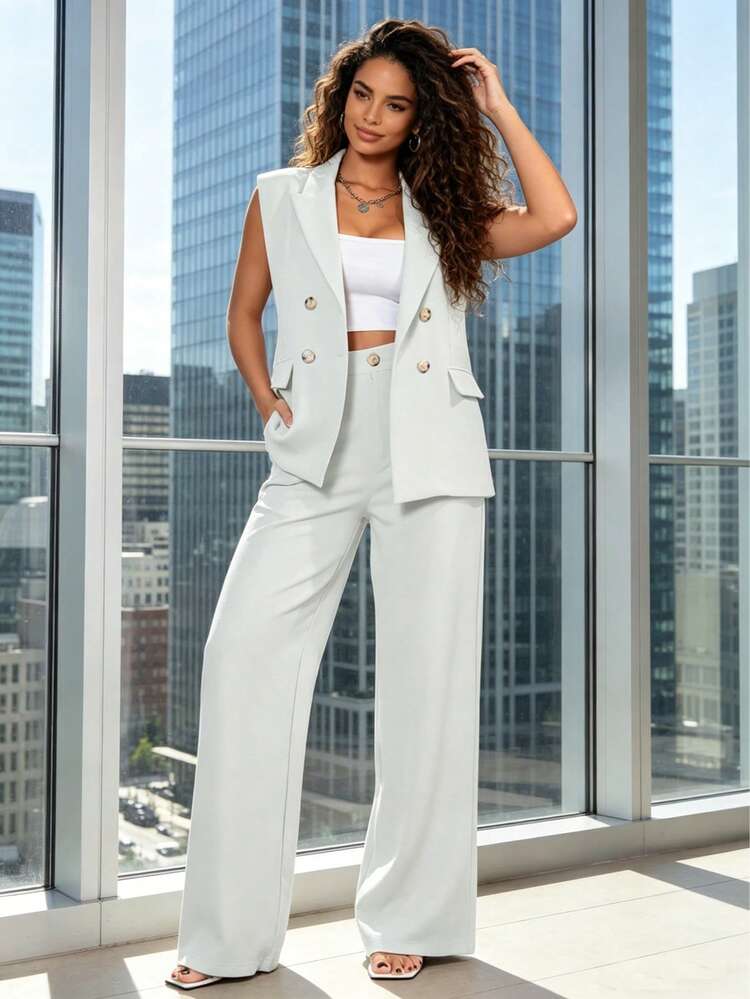 MODA MO, REF: AS-1347 Women's Casual Suit Vest | Elegant Tailored Set | Sophisticated Look | 2-Piece Women's Blazer | Refined Style | Versatile For Casual Or Formal Occasions | Size S, M, L | High Quality | Comfort And Style - White - View 1