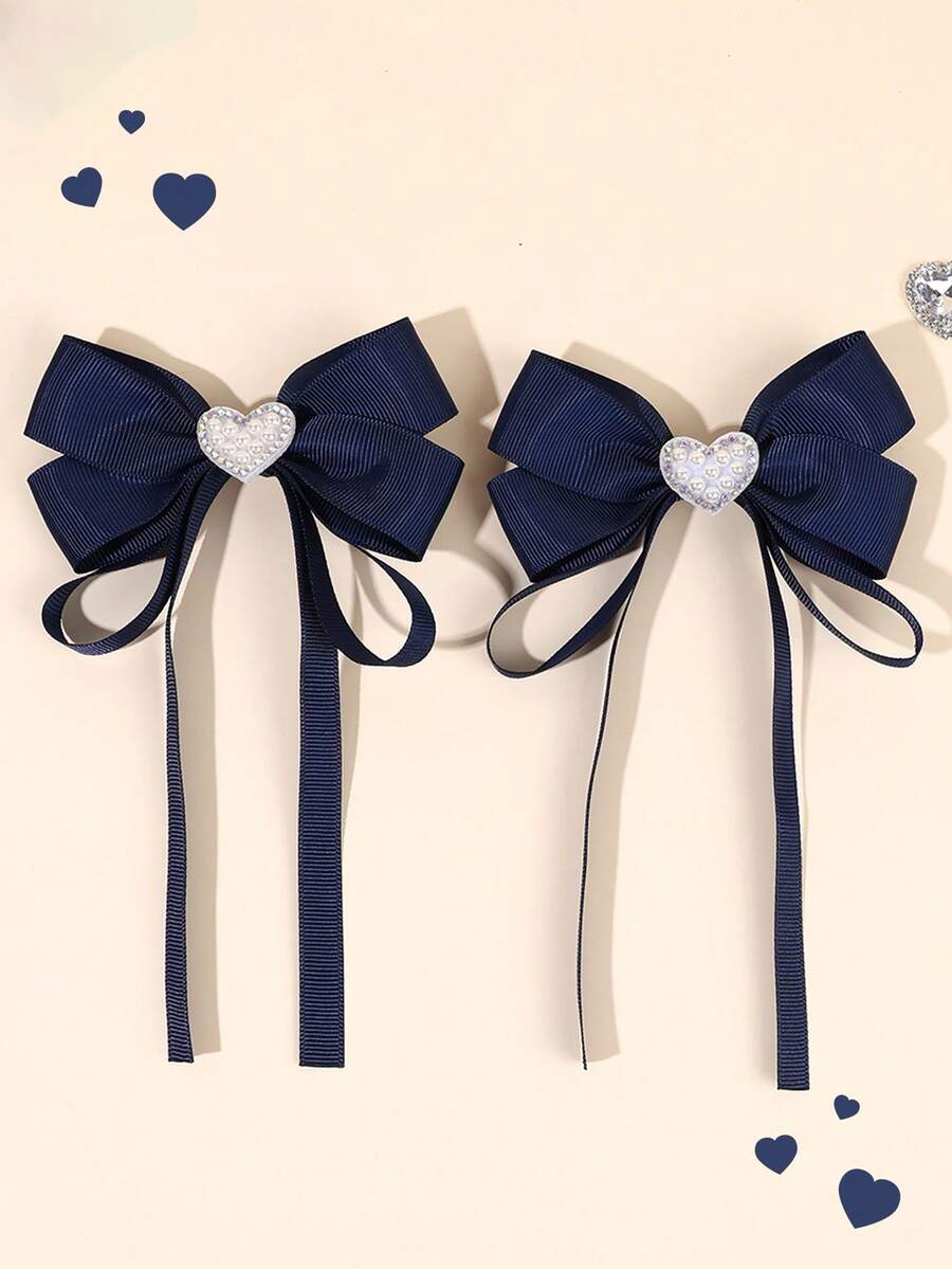 2 pièces Pinces à cheveux nœud bleu marine avec queues, Pinces à cheveux nœud en forme de cœur avec perles et strass, Pinces crocodile, Épingles à cheveux simples, Accessoires capillaires pour la rentrée scolaire - Bleu marine - Voir 1
