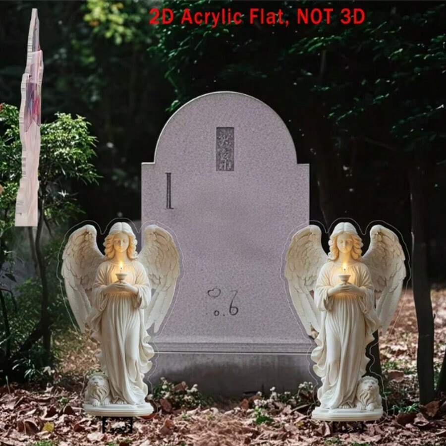 2D平面 2件裝永恆天使壓克力墓碑標記牌，經典防水設計，適合墓園禮品與陵寢裝飾，戶外裝飾