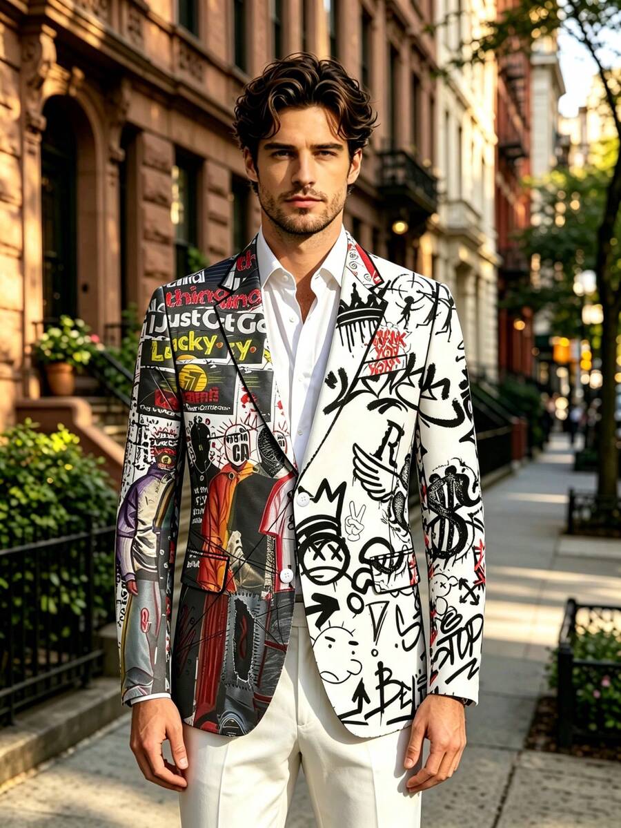 1pc Men's White Base Contrast Color Graffiti Cartoon All-Over Print Long Sleeve Notch Lapel Blazer - White - View 1