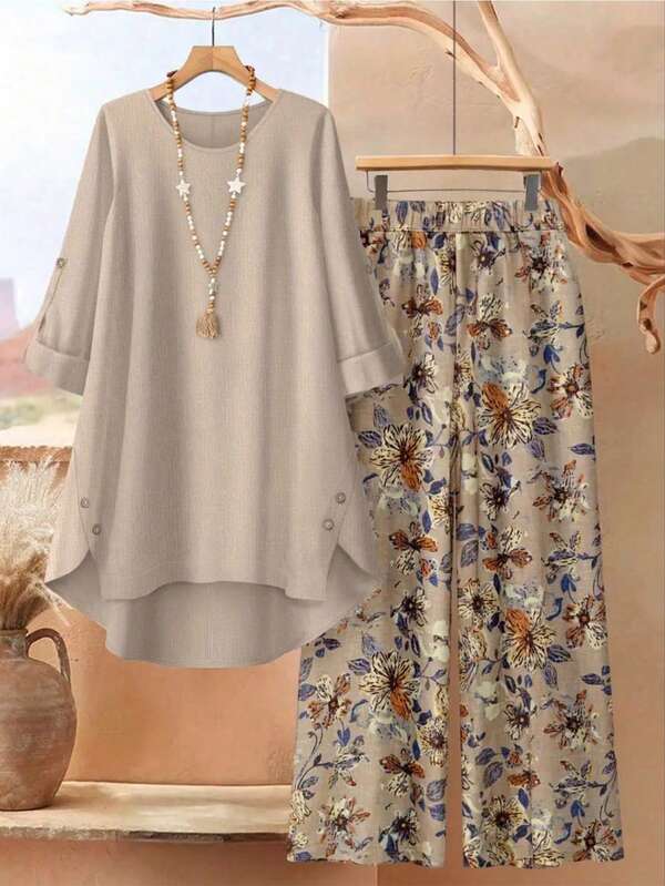 Plus Size Women Casual Asymmetrical Top + Wide Leg Pants 2 Pieces Set Spring Elegant