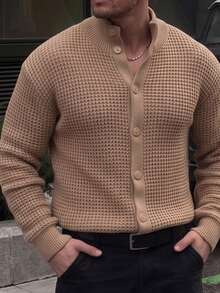 Men's Casual Loose Commuting Simple Solid Color Versatile Open Front Turndown Collar Long Sleeve Knit Cardigan Sweater, Suitable For Autumn And Winter Back To School - Khaki - View 2