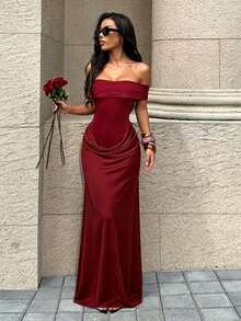 Summer, Elegant Party Dresses, Wedding Luxury Evening Dresses, Sexy One-Shoulder Beach Dresses, Women's Vacation Wear, Back To School, Birthdays - Burgundy - View 2