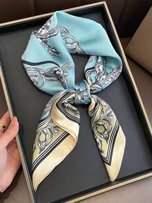 1pc 65*65cm Retro Ornate Black Line Botanical Floral Border Square Satin Silk Scarf, Thin Multi-Purpose Scarf For All Seasons, Daily Outing & Party - Multicolor - View 7