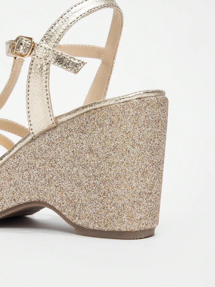 Women's Elegant Sandals, Gold Multi-Strap Metal Buckle Wedge Heel, Open Toe Adjustable Buckle Back Strap Glitter Thick Sole Design, Suitable For Wedding, Party, Commute Office, Summer Daily Wear - Champagne - View 10