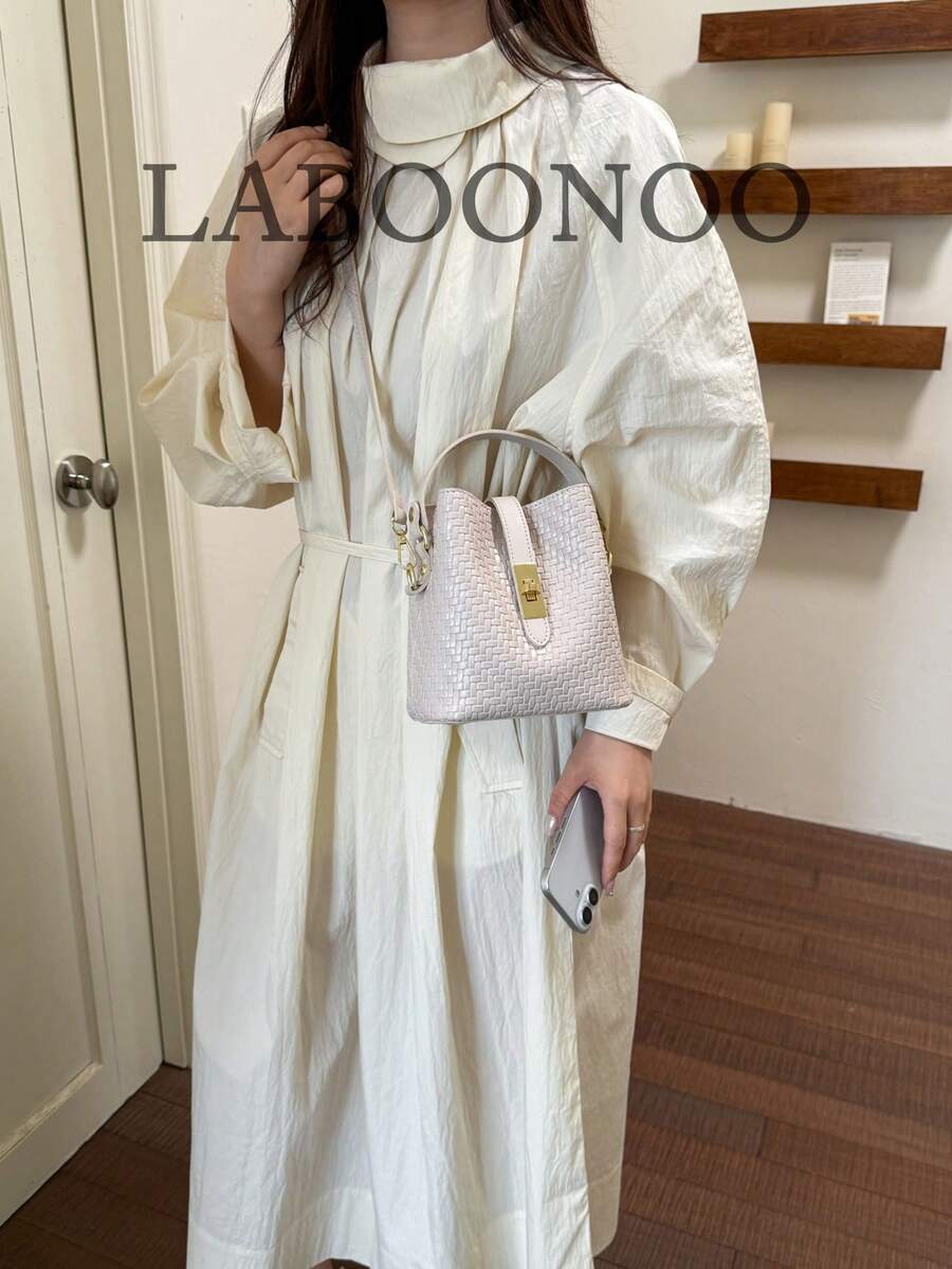 Woven PU Bucket Bag, Handheld & Shoulder Carry, Cream White Delicate Embossed Woven Small Bucket Bag, All-Season Bestseller, Suitable For Office Commute, Shopping, Gentle Date, Short Trip, Afternoon Tea, Store Visit, Targeted At 18-40 White-Collar, Moms, Students, Teachers, Fresh Girls, Metal Rotating Lock, Detachable & Adjustable Wide Crossbody Strap, Simple & Gentle Style Gift Everyday Bag - White - View 1