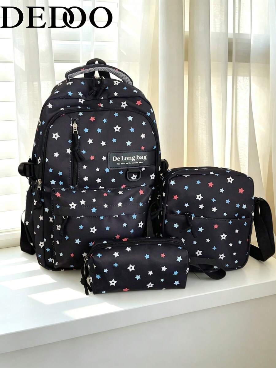 Dedoo Colorful Star Print 3Pcs Backpack Set, Label Decor Multi Zipper Pockets Adjustable Straps Student Bag For School Daily Travel Without Pendant - Black - View 1