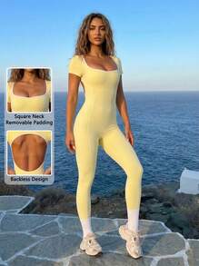 Never me Women's Contrast Trim Short Sleeve Back Cutout Open Back Square Neck Sports Jumpsuit Yoga Tight High Elasticity - Yellow - View 2