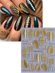 2 feuilles d'autocollants pour ongles 5D gaufrés auto-adhésifs Halloween, rayures crâne et côtes dorées métalliques, décalcomanies pour ongles gothiques punk horreur, décoration d'ongles pour cosplay, salon, maison et vacances, accessoires pour ongles DIY - Doré - Voir 4