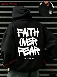 Faith Over Fear, Letter Print Pocket Hoodie, Men's Casual Long-Sleeve Drawstring Style, Autumn & Winter New-Unisex Loose-Fit Hooded Sweatshirt-K88 - 黑色1 - 查看 12
