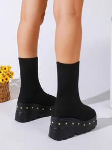 Women's Fashion Black Elastic Knit Thick Sole Sock Boots, Elastic Fabric Fits Leg Shape, Platform Thick Sole Heightening Slimming, Non-Slip Serrated Sole Stable And Durable, Round Toe Simple Versatile, Suitable For Daily Commute And Street Wear - Black - View 6
