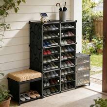 Portable Modular Storage Unit – 9-Tier Cube Closet With Doors, Stackable Plastic Wardrobe Organizer For Clothes, Shoes & Accessories, Space-Saving Under-Stairs Or Bedroom Storage Solution, Black Design - Black Nine Layers Two Columns - View 5