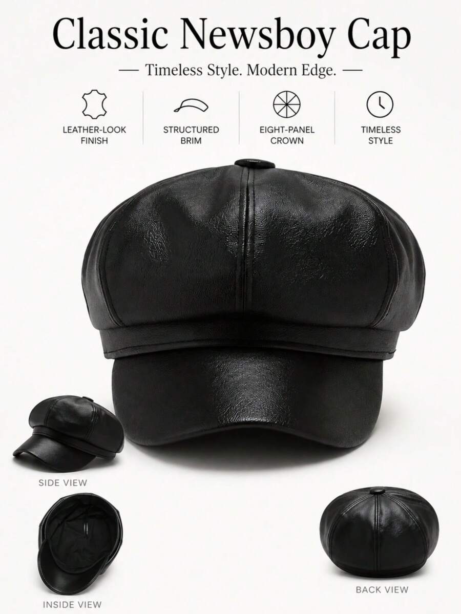 1pc Black PU Leather Octagonal Newsboy Cap, Unisex Autumn/Winter ...