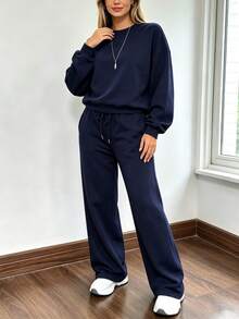 2pcs Falloutfits Women's Sports Set, Fashionable Comfortable Colorblock Jacket And Casual Pants, Suitable For Autumn/Winter Wear - Navy - View 4