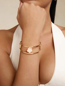 Altistry 1pc Elegant Lucky Clover Double-Line Design Opening Bangle For Women - White - View 5