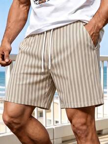 Pantalones cortos de playa casuales y versátiles con cordón en la cintura y rayas, para hombre, de verano - Gris - Ver 3