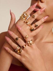 Altistry 12pcs Vintage Bohemian Old Money Style Women's Ring Set, Suitable For Vacation, Party, Date, Daily Wear - Yellow Gold - View 5