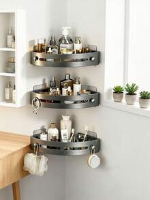 1/2/3pcs No-Drill Triangle Shower Caddy, Black/Grey Wall-Mounted Bathroom Storage Rack, Kitchen Corner Storage Shelf, PP Material, With Drainage Holes, Easy Installation, Suitable For Kitchen, Bathroom, Dining Room - Multicolor - View 2