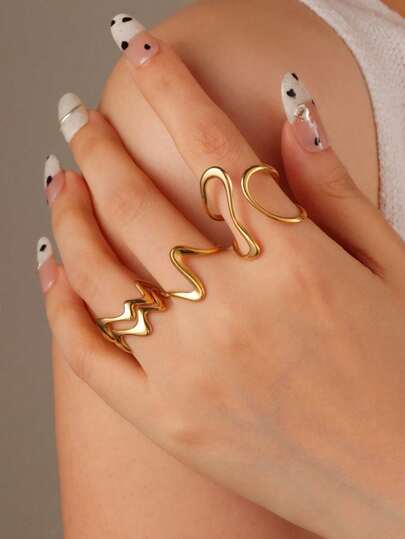3pcs Women's Mini Asymmetrical Curved Open Rings, Gold Abstract Wave Line Design, Casual Office Daily Wear, Stackable Finger Jewelry Gift