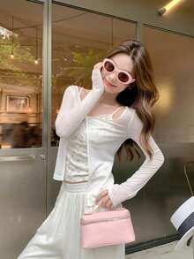 Korean Style White Off-Shoulder Long Sleeve T-Shirt Women's Summer Sun Protection Sheer Top Floral Camisole Set - White - View 8