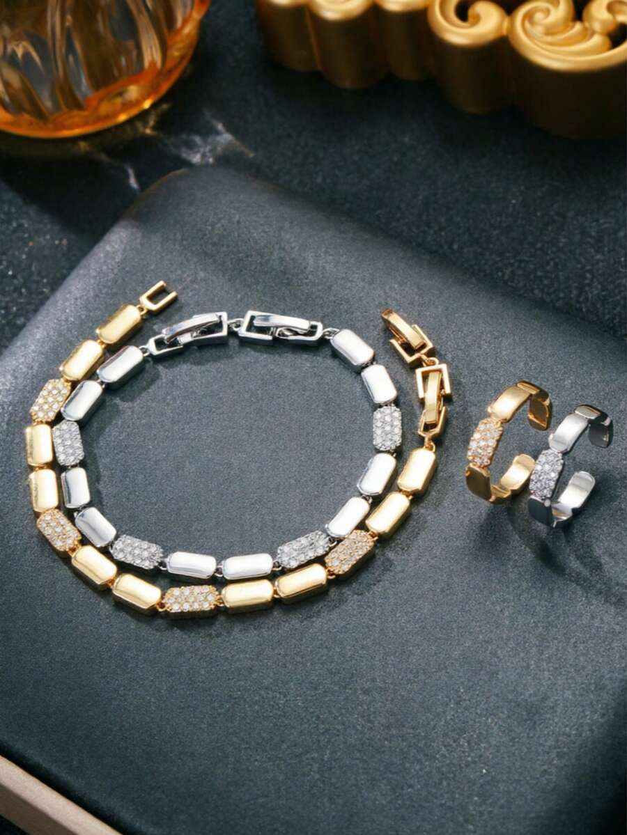 蜂巢立方鋯石女款手鍊與戒指套組，金銀色可選，適合婚禮與派對