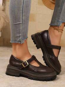 Women's Academy Style Mary Jane Shoes, Vintage T-Strap Buckle Upper, Round Toe Thick Sole Loafers, Suitable For Daily Commute And Campus - Brown - View 5