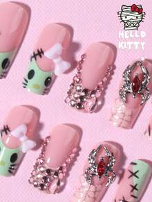 萬聖節 Sanrio Hello Kitty 24片哥德風中方型 3D 亮片蜘蛛網法式穿戴甲，含 Hello Kitty、幽靈、蜘蛛、蝴蝶結、水鑽與愛心設計，適合女性與女孩日常、派對及聚會使用的壓克力假指甲套組 - 彩色 - 查看 3
