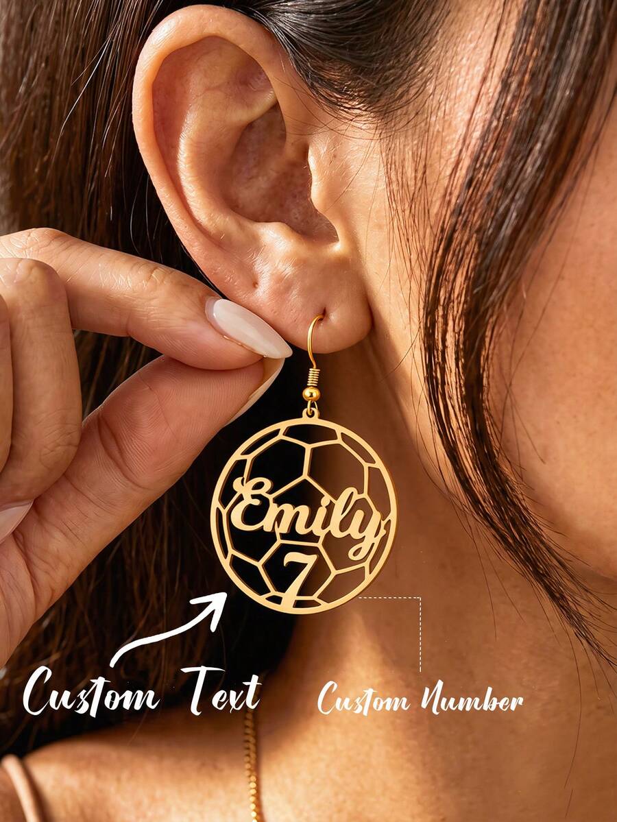 1pc Personalized Custom Name Football Pendant Earrings For Women, Customized Football Number Dangle Earrings, Stainless Steel Earrings, Sports Fan Jewelry - Multicolor - View 1