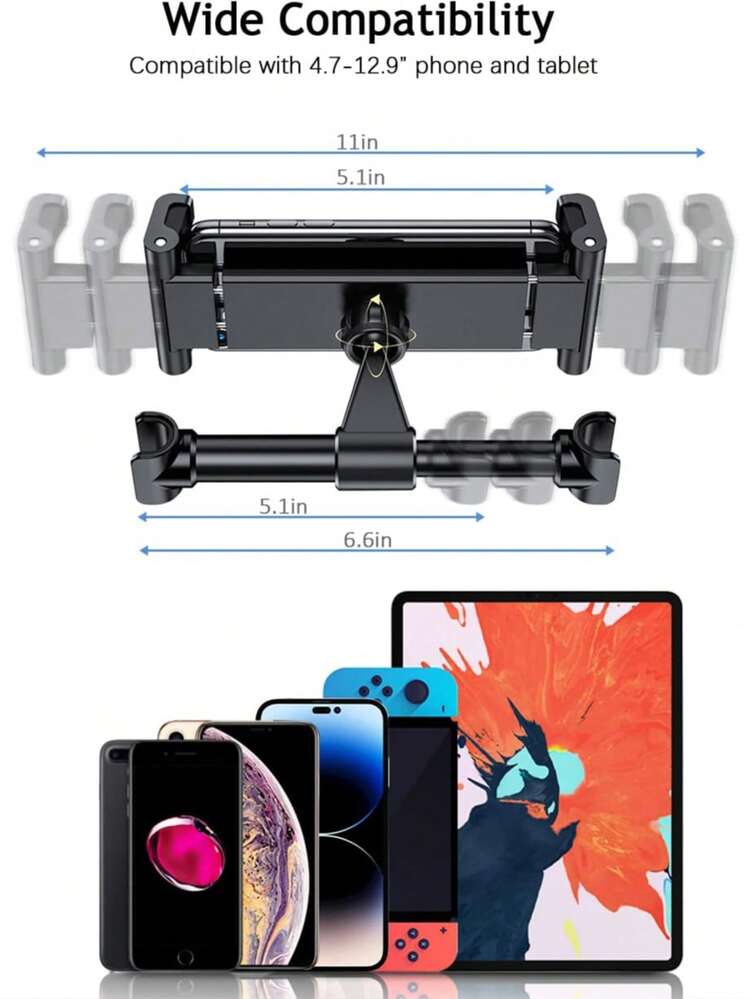 Car Tablet Headrest Holder - [Thick Case Friendly] [360° Rotation] Back Seat Mount Stand For Kids, Road Trip Essentials Accessories Gifts, Compatible With IPad Pro, Air, Mini, Compatible With Kindle Fire HD, Compatible With Switch OLED, Compatible With IPhone 17/Air/Pro Max/16/15/14/13/12/8, Compatible With Samsung Galaxy Tab, 4.7-13" Devices 1s Fast Install - Black - View 4