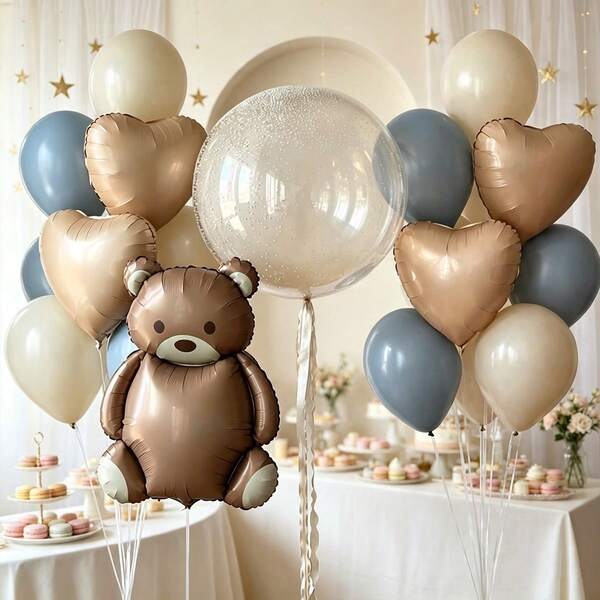 20/22/39/49pcs Bear Theme Balloon Set, Bear Cloud Cream White Heart White Gold Heart Foil Balloons, Transparent Bobo Balloons, Multicolor Latex Balloons, Suitable For Birthday Party, Anniversary, Baby Shower, Indoor And Outdoor Background Decoration Balloon Set.