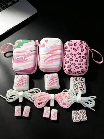 6pcs Pink Watercolor Heart & Leopard Print Data Cable Protector Set With Watercolor Heart & Leopard Print Storage Bag, Matching Pattern Charger Head Protector, Laser Gradient Data Cable & Cable Clip, Shockproof & Drop-Resistant Portable Handheld Storage Bag, Can Store Earphones & Fast Charging Power Bank, Gentle Style Student Commute All-In-One Data Cable Protection Set