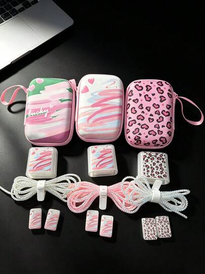 6pcs Pink Watercolor Heart & Leopard Print Data Cable Protector Set With Watercolor Heart & Leopard Print Storage Bag, Matching Pattern Charger Head Protector, Laser Gradient Data Cable & Cable Clip, Shockproof & Drop-Resistant Portable Handheld Storage Bag, Can Store Earphones & Fast Charging Power Bank, Gentle Style Student Commute All-In-One Data Cable Protection Set