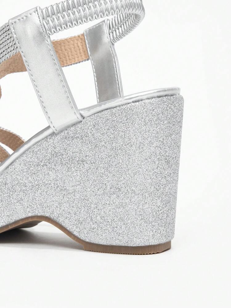 Sandal wedges anyaman spiral tiga lapis perak elegan untuk wanita, desain sol tebal berkilau dengan tali belakang elastis dan ujung terbuka, cocok untuk pernikahan, pesta, bepergian, kantor, dan pemakaian sehari-hari di musim panas. - Perak - View 10