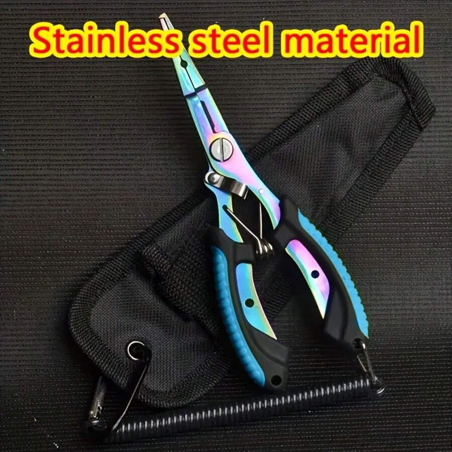 1組多功能不鏽鋼釣魚鉗，彩色塗層，附鉤移除器、線剪、彈簧掛繩與收納袋，便攜式戶外釣魚配件，適用於鹹水與淡水釣魚 - 彩色 - 查看 1
