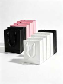 10pcs/5pcs/1pc Blank Paper Gift Bags With Velvet Rope Handles, Reusable Matte Paper Shopping Tote Bags, Suitable For Weddings, Birthday Parties, Boutique Retail Packaging, Black, White, Pink - Pink - View 1