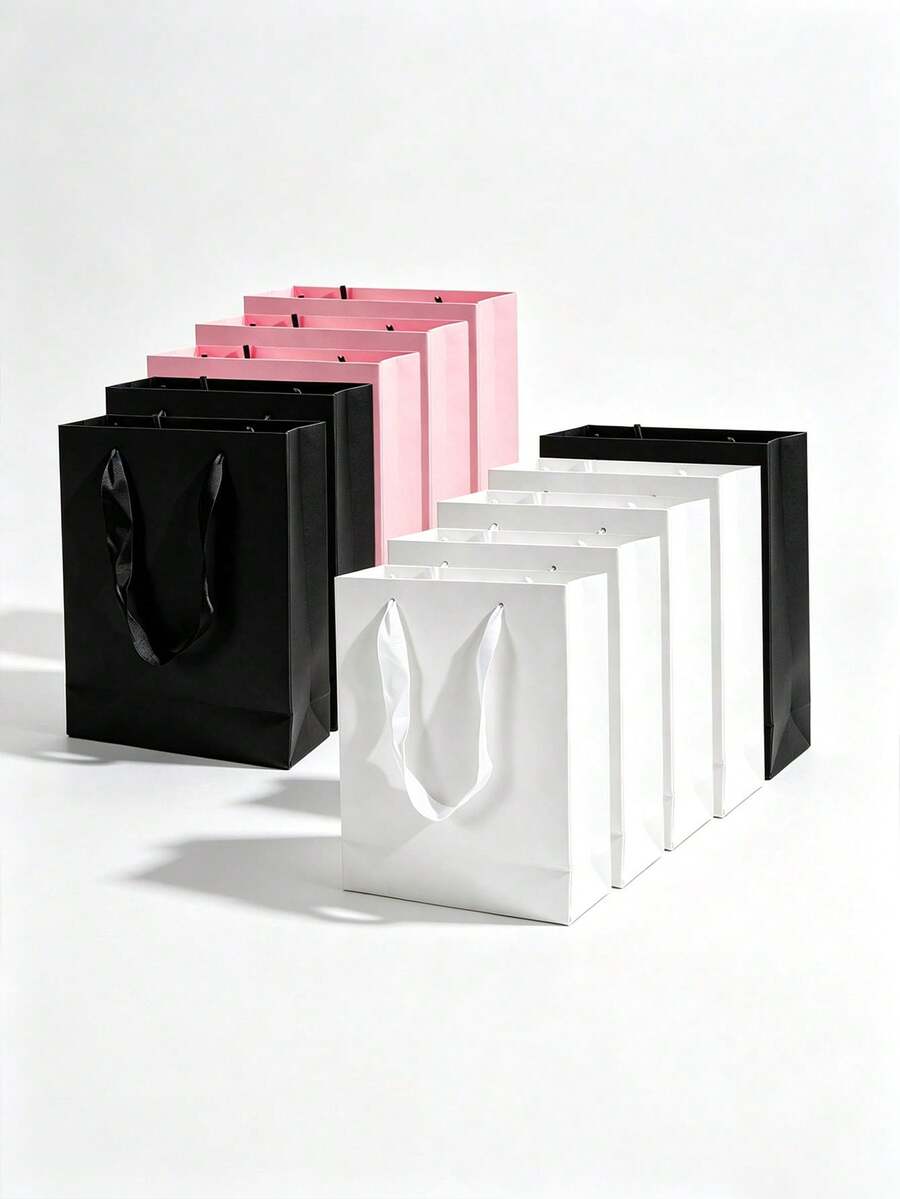 10pcs/5pcs/1pc Blank Paper Gift Bags With Velvet Rope Handles, Reusable Matte Paper Shopping Tote Bags, Suitable For Weddings, Birthday Parties, Boutique Retail Packaging, Black, White, Pink - Pink - View 1