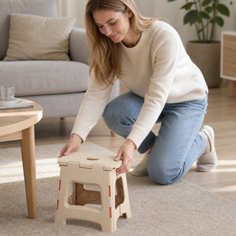 27x23,5x27 cm beige fällbar pall i plast, bärbar lätt stegpall för inomhus- och utomhusbruk - Beige - Visa 1