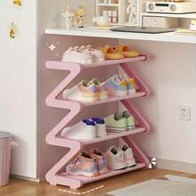 1pc 4-Tier Large Z-Shaped Shoe Rack, Easy Assembly Without Tools, Pink Plastic Stackable Storage Shelf, Suitable For Home, Dorm And Living Room, Space-Saving Floor Design, Shoe Storage Organizer - View 1