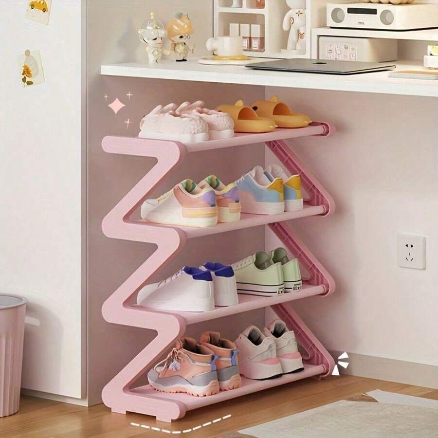 1pc 4-Tier Large Z-Shaped Shoe Rack, Easy Assembly Without Tools, Pink Plastic Stackable Storage Shelf, Suitable For Home, Dorm And Living Room, Space-Saving Floor Design, Shoe Storage Organizer - View 1