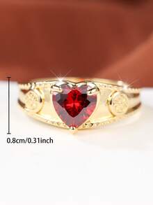 A Vintage-Style Ring Set With A Heart-Shaped Red Cubic Zirconia, Perfect For Both Everyday Wear And Romantic Parties. - Golden Yellow + Red - View 2