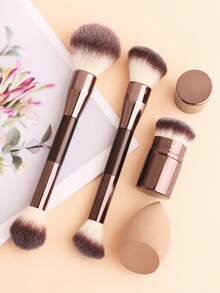 ronshadow 2pcs Dual-Ended Multi-Function Makeup Brushes + Short Retractable Blush Brush With Makeup Sponge 4-Piece Set, Powder Brush, Angled Blush & Foundation Brush, Retractable Portable Foundation Brush, Full Face Base Makeup & Color Makeup Tools - Multicolor - View 3