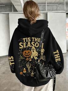 TLS Halloween Letter Print Pattern Sweatshirt, Plus Size Women's Casual Autumn/Winter Long Sleeve Pocket Hooded Sweatshirt Black - Black - View 1